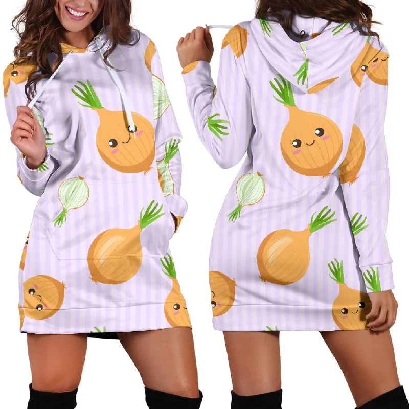 Cute Onions Smiling Faces Purple Background Women'S Hoodie Dress