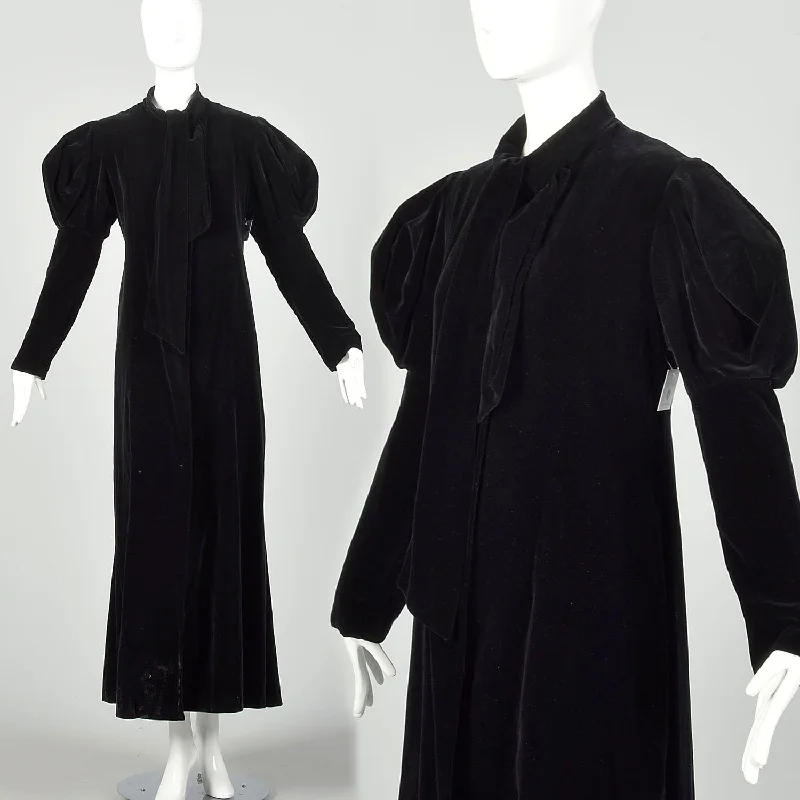 XS 1940s Black Velvet Opera Coat Juliet Sleeves Pussybow