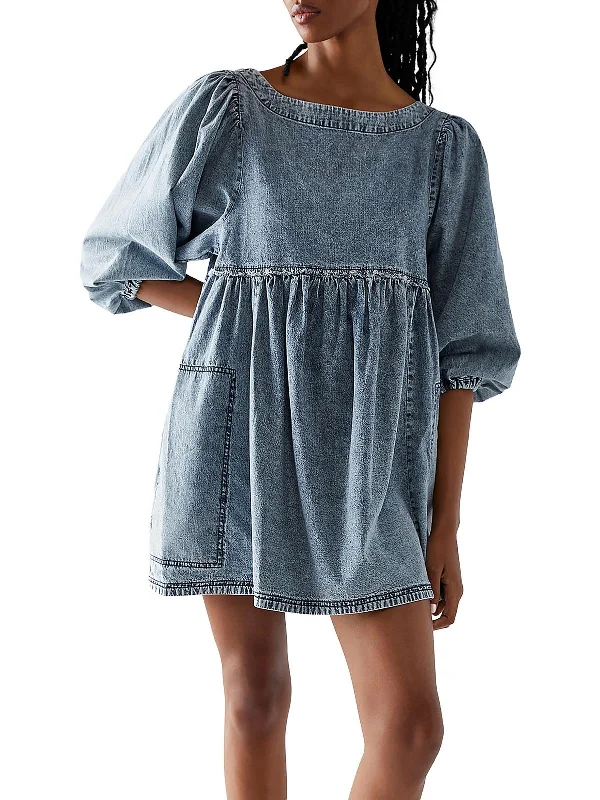 Womens Mini Puff Sleeve Babydoll Dress