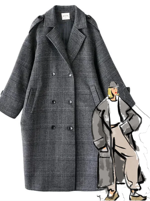 Women Coat Plaid Tweed Wool Warm Long Jackets Female Overcoat