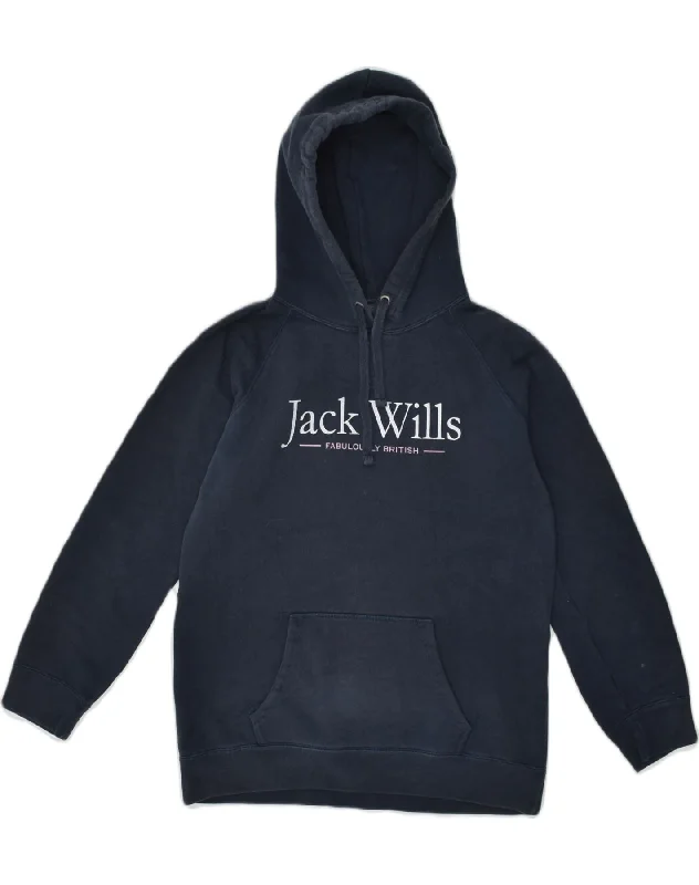 JACK WILLS Womens Graphic Hoodie Jumper UK 12 Medium  Navy Blue Cotton