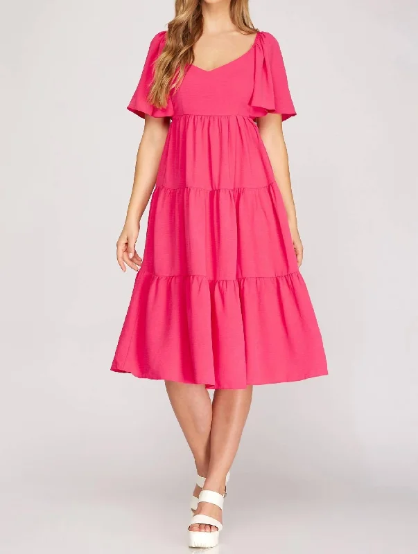 Price Slash Flounce Sleeve Dress In Hot Pink
