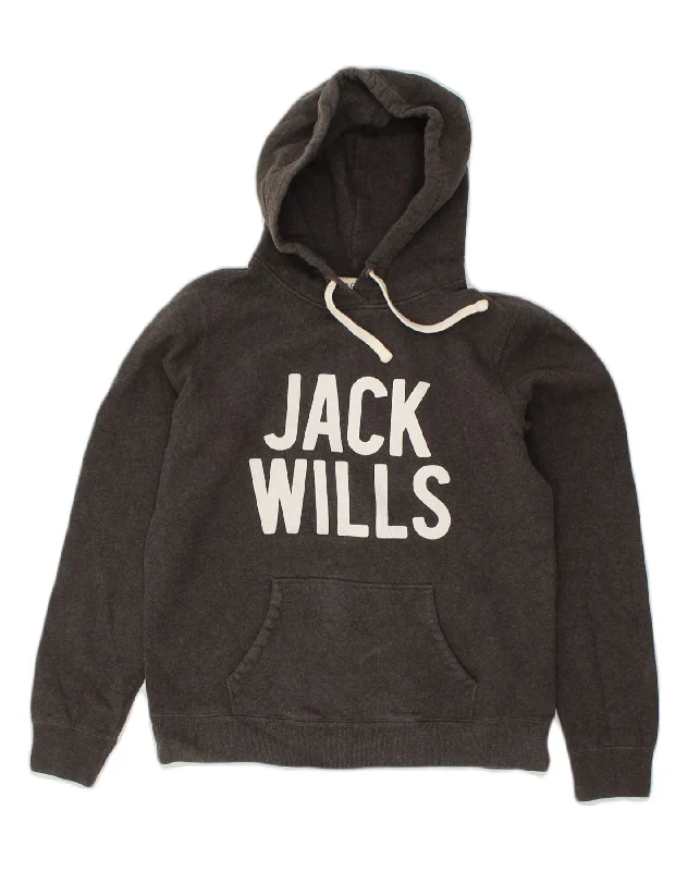 JACK WILLS Womens Graphic Hoodie Jumper UK 14 Medium Grey Cotton