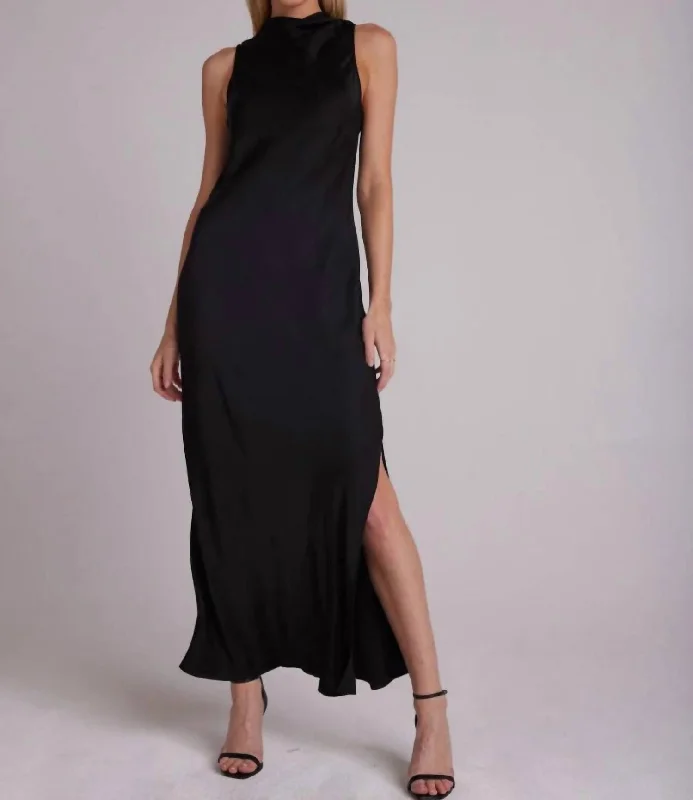 Season Finale Sale Satin Side Slit Column Dress In Black