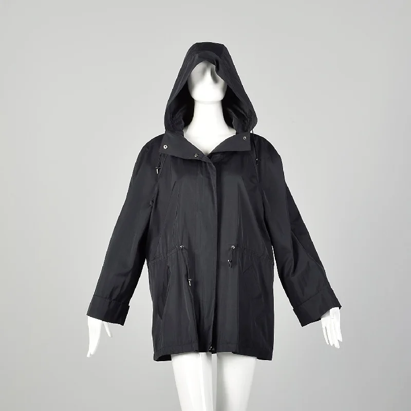 Large Lightweight Black Raincoat Hood Drawstring Waist