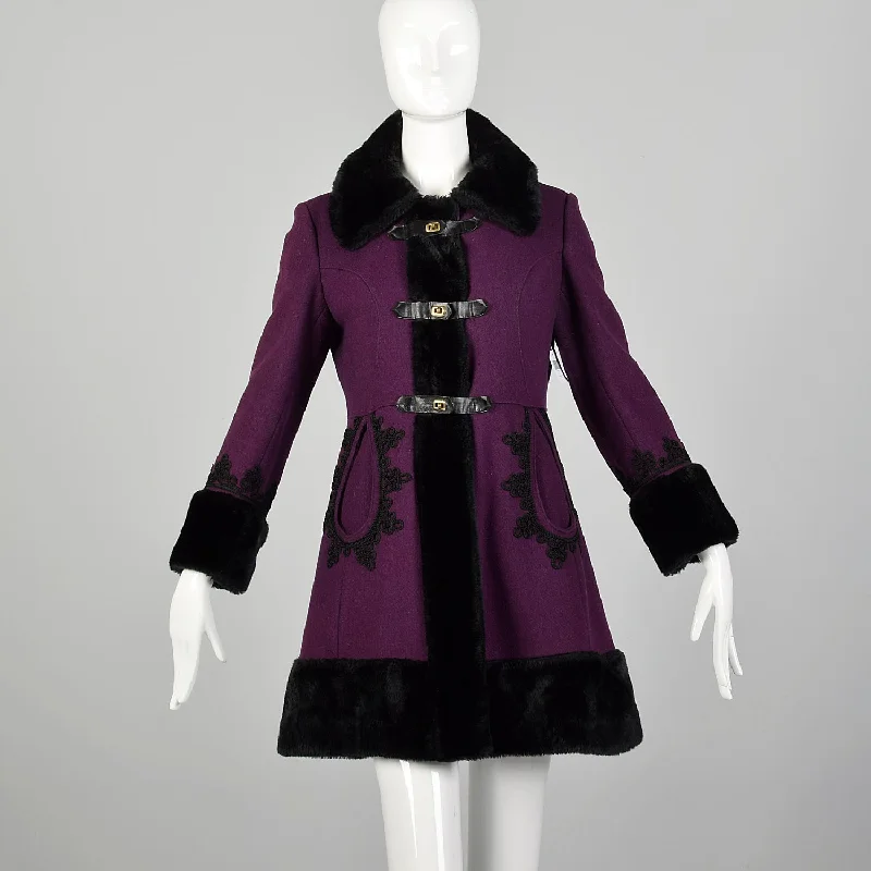 XS 1960s Purple Princess Coat with Faux Fur Trim