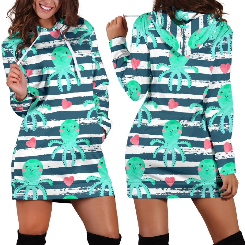 Cute Octopuses Heart Striped Background Women'S Hoodie Dress