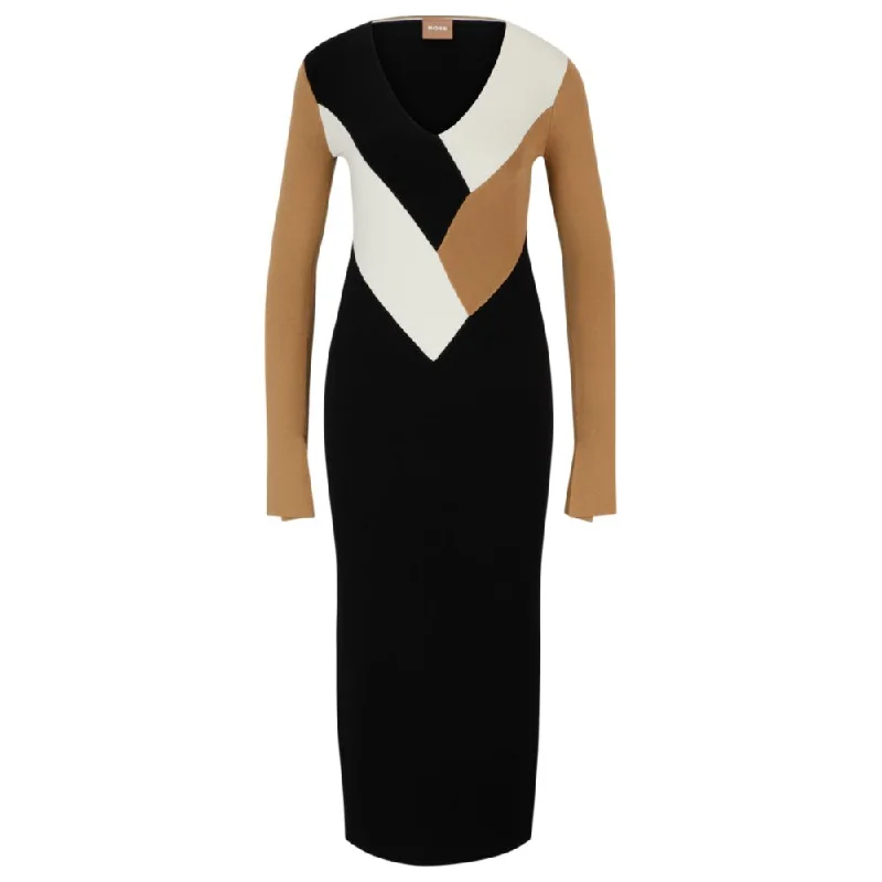 Value Deals Long-sleeved knitted dress with ribbed structure and V neckline