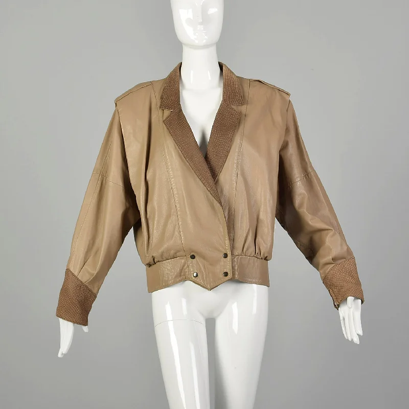 Small 1980s Oversized Leather Jacket with Batwing Sleeves