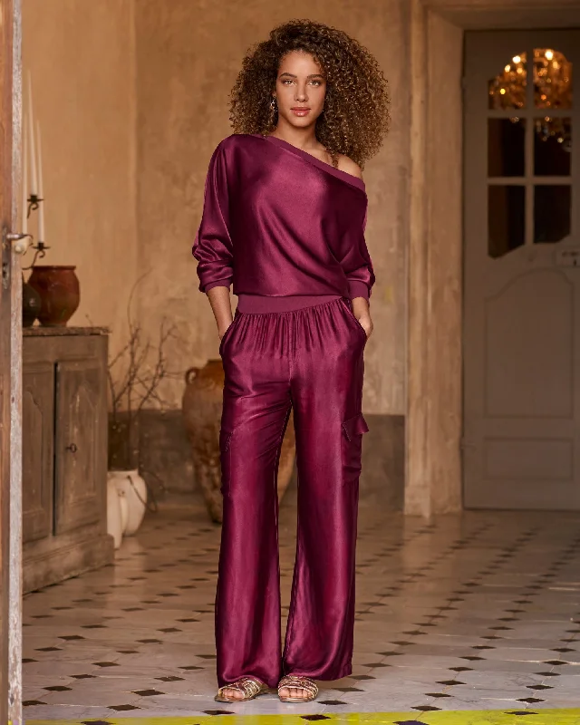 Discount Days Slouchy Charmeuse Cargo Lounge Set Maroon
