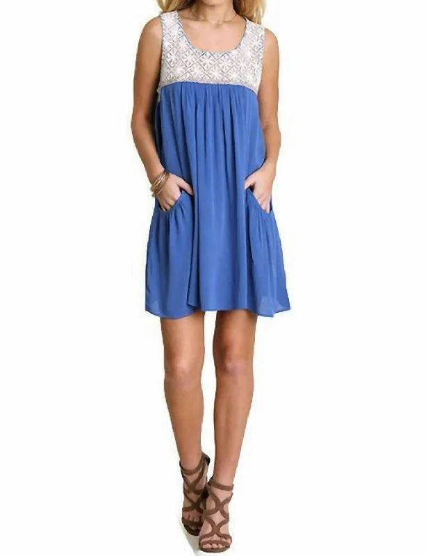 Savings Spectacular Sleeveless Dress With Lace Detail In Blue