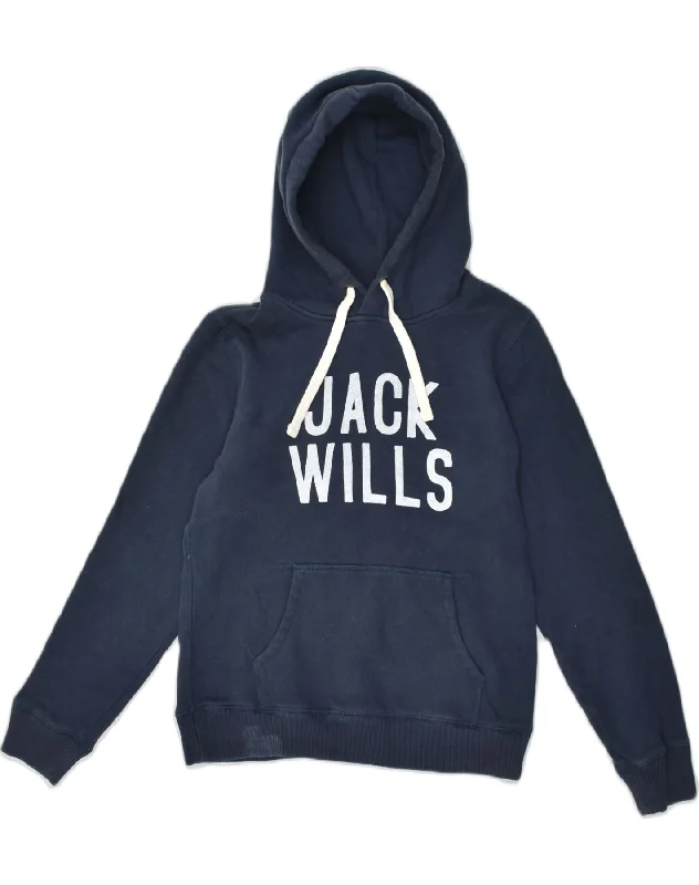 JACK WILLS Womens Graphic Hoodie Jumper UK 12 Medium  Navy Blue Cotton