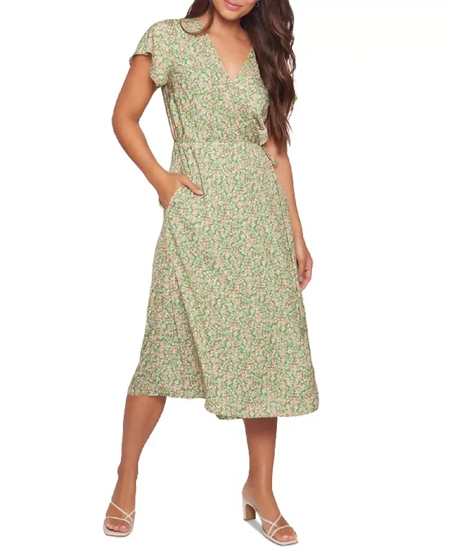 Price Break Wild Poppies Midi Wrap Dress In Green Floral