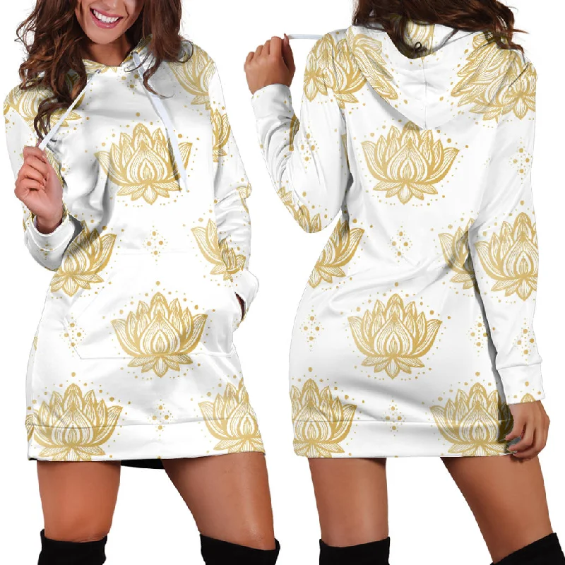 Gold Ornamental Lotue Waterlily Symbol Pattern Women'S Hoodie Dress