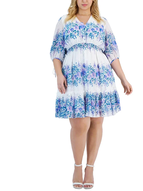Online Only Plus Womens Smocked Chiffon Fit & Flare Dress