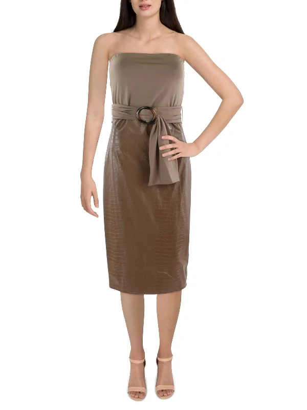 Don't Miss Womens Faux Leather Belted Midi Dress