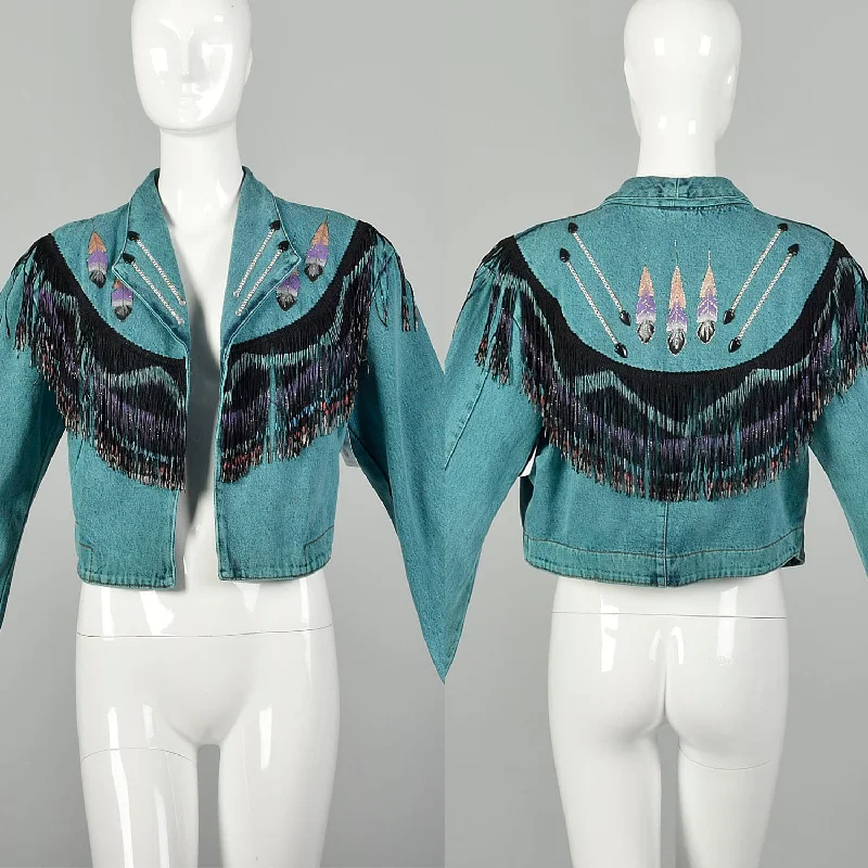 Medium Denim Jacket 1980s Bolero Fringe Jean Teal Southwestern