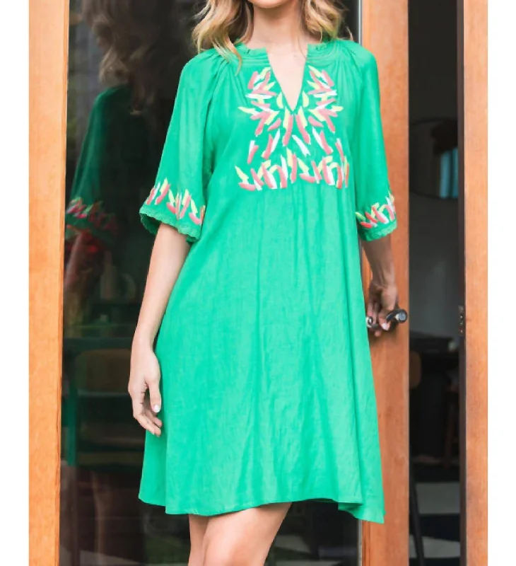 Limited Time Discount V-Neck Embroidered Dress In Kelly Green