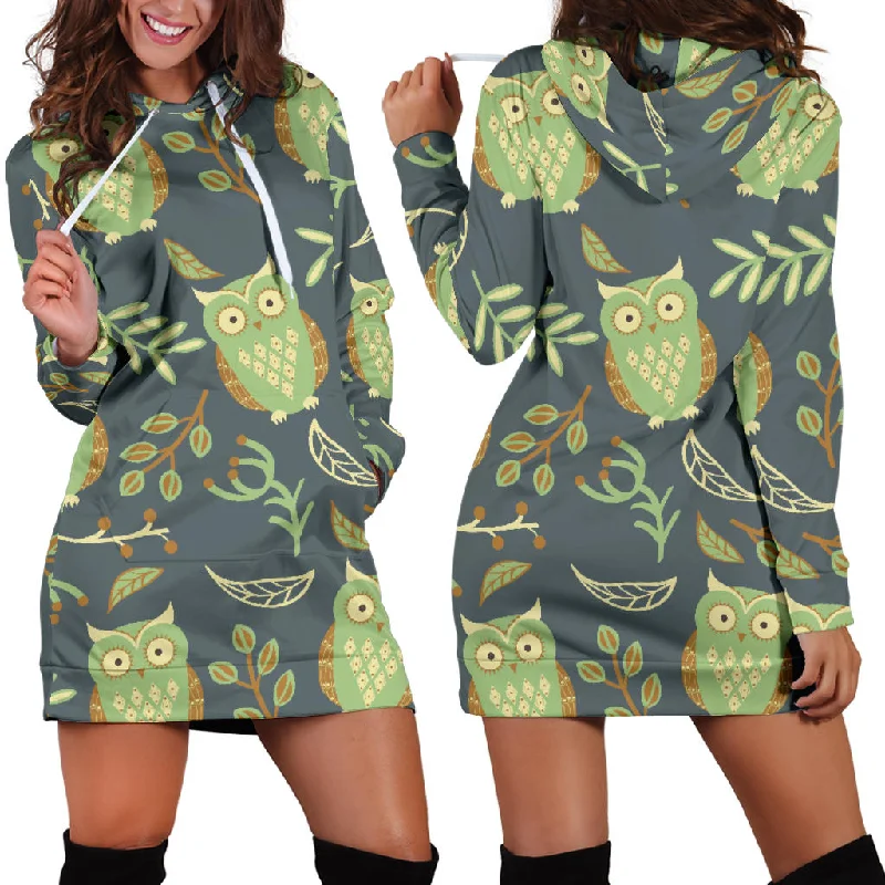 Cute Owls Leaves Pattern Women'S Hoodie Dress