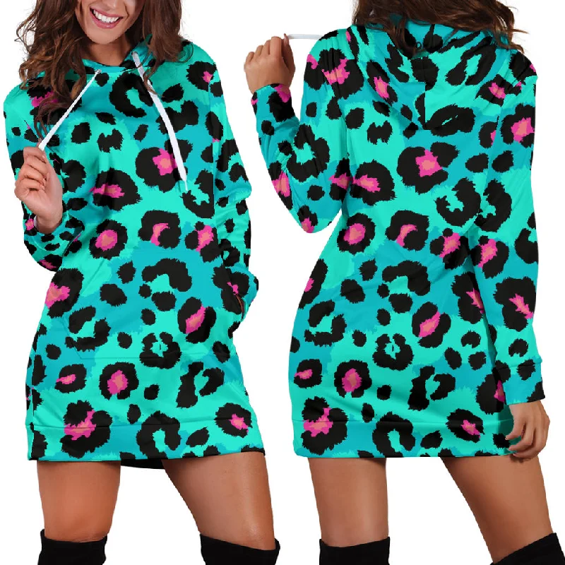 Green Leopard Skin Print Pattern Women'S Hoodie Dress