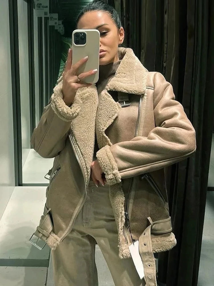 Women Sheepskin Warm Winter Fur Faux Shearling Oversized Jacket Coat