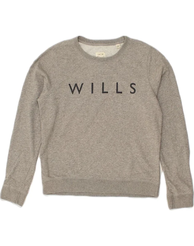 JACK WILLS Womens Graphic Sweatshirt Jumper UK 12 Medium Grey Cotton