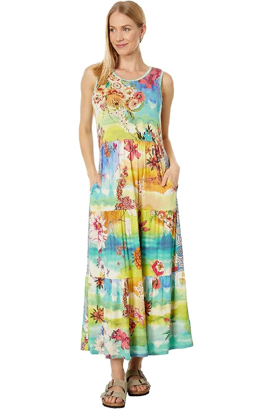 Act Now Johnny Was Tie-Dye Sleeveless Tiered Midi Dress Multi