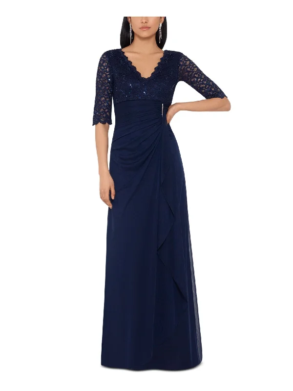 Price Fest B&A BY BETSY & ADAM Womens Navy Zippered Scalloped Ruched Waterfall Ruffle V-back Elbow Sleeve V Neck Full-Length Formal Gown Dress Price Fest B&A BY BETSY & ADAM Womens Navy Zippered Scalloped Ruched Waterfall Ruffle V-back Elbow Sleeve V Neck Full-Length Formal Gown Dress