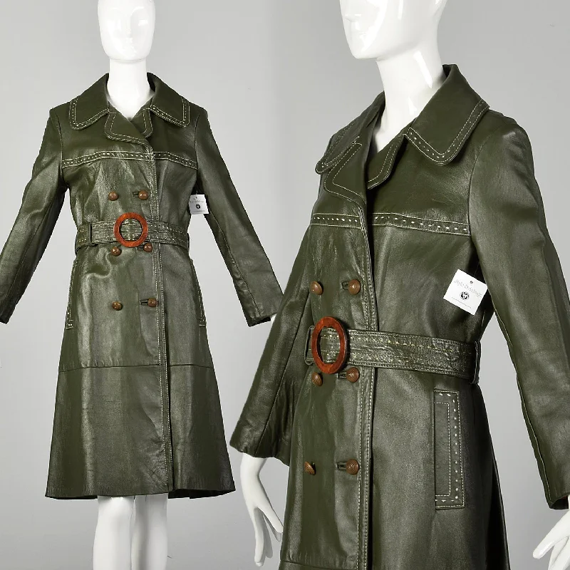 Small 1970s Green Leather Boho Trench Coat Topstitch