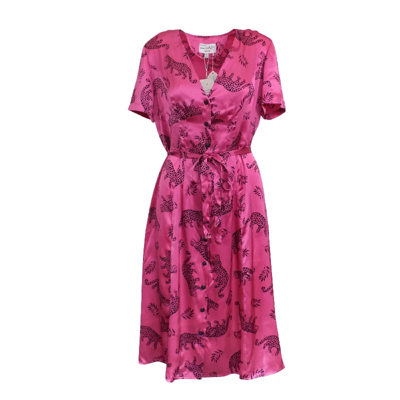Price Reduction Hvn Tarza Rosemary Short Sleeve Button Down Dress Hot - Pink Shiny