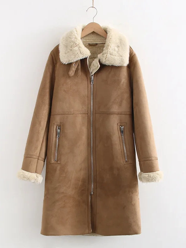 Winter Trench Faux Shearling Sheepskin Leather Lamb Fur Coat