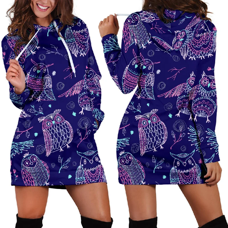 Cute Owls Pattern Boho Style Ornament Women'S Hoodie Dress