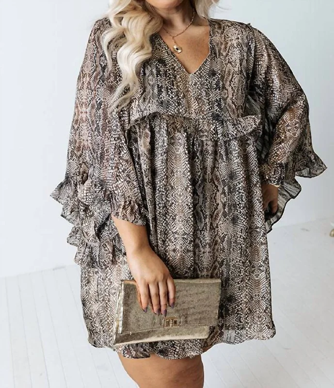 Price Reduction Bold Statement Snake Print Dress In Brown
