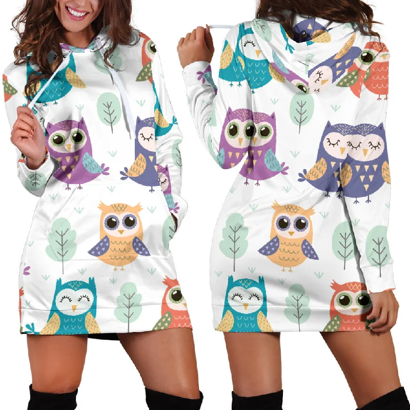 Cute Owl Pattern Women'S Hoodie Dress