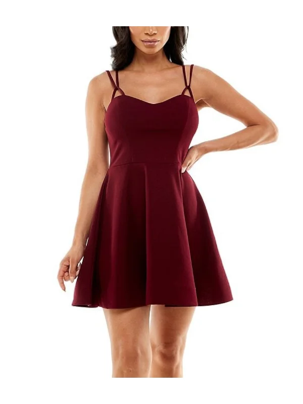 Markdown Madness B DARLIN Womens Burgundy Stretch Zippered Darted Lined Spaghetti Strap Sweetheart Neckline Mini Party Fit + Flare Dress