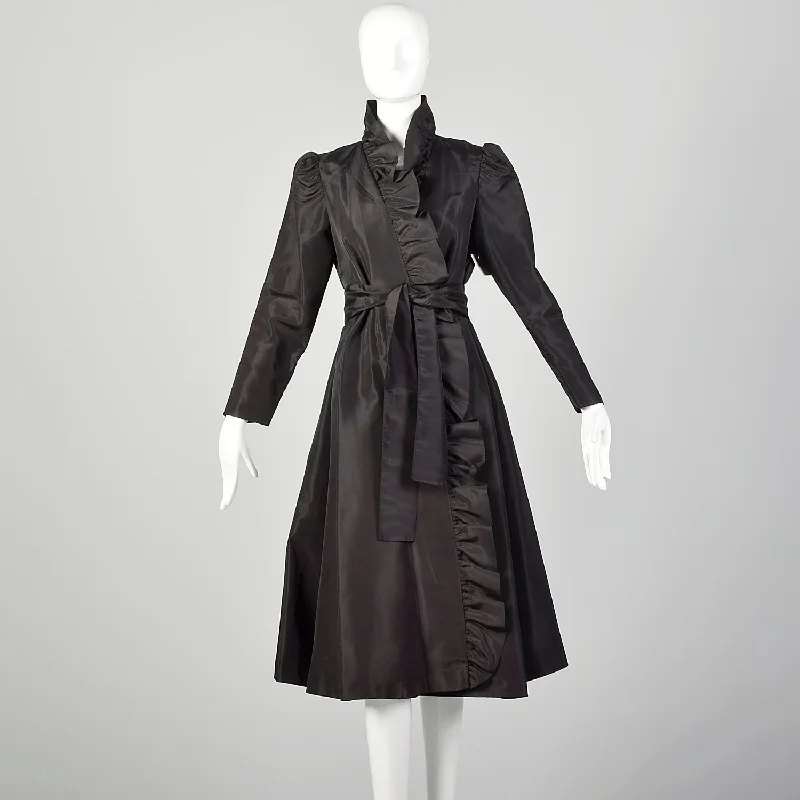 XS 1980s Black Taffeta Wrap Coat Lightweight with Ruffle Trim