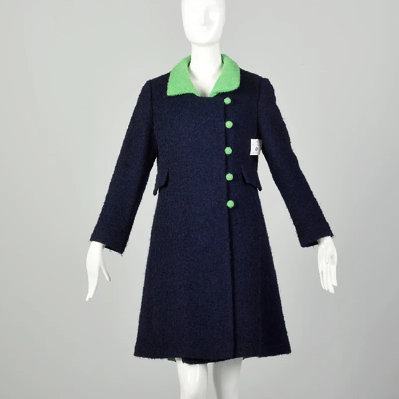 Small 1960s Wool Coat Navy Blue Mod Collar Green Buttons