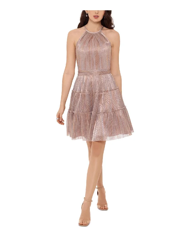 Savings Spectacular XSCAPE Womens Pink Metallic Zippered Tiered Sleeveless Halter Short Party Fit + Flare Dress Savings Spectacular XSCAPE Womens Pink Metallic Zippered Tiered Sleeveless Halter Short Party Fit + Flare Dress