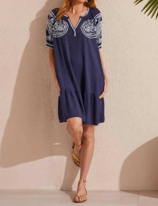 Embroidered Dress In Jet Blue