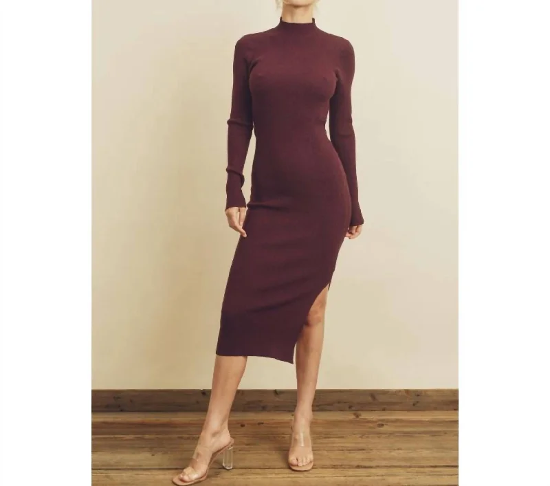 Weekend Special Ribbed Knit Mock Neck Dress In Burgundy