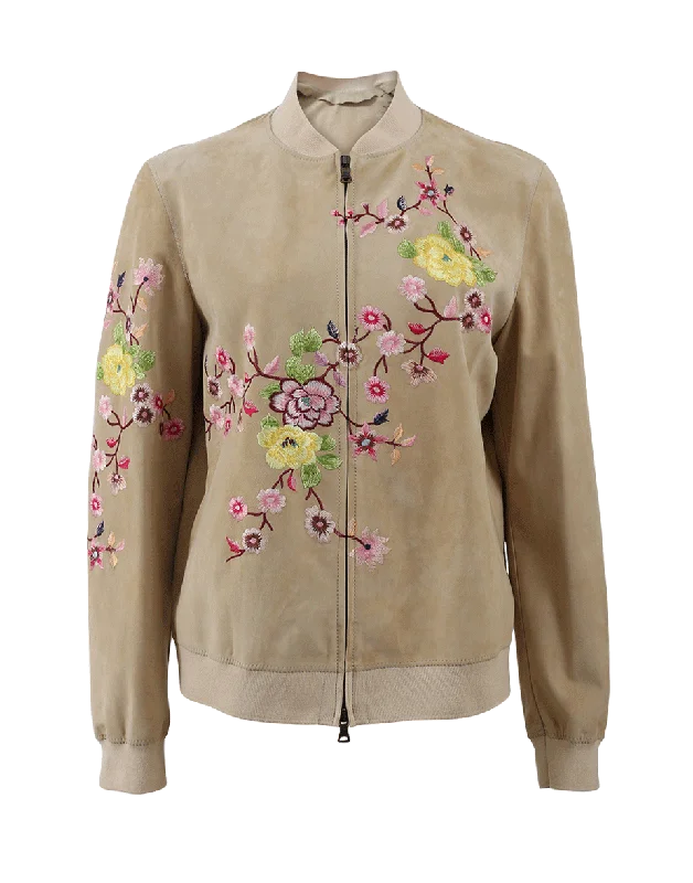 Suede Floral Embroidered Bomber