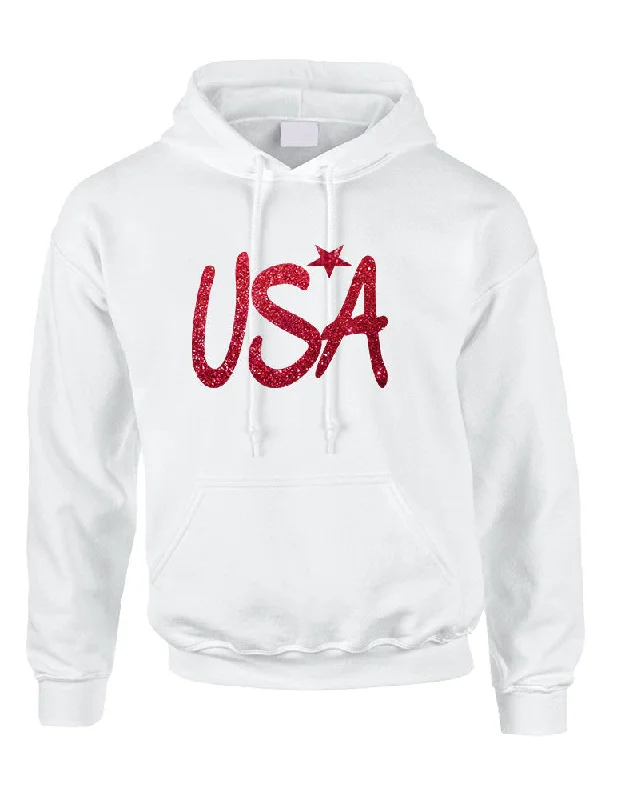 Adult Hoodie USA Red Glitter Love America 4th Of July Hoodie