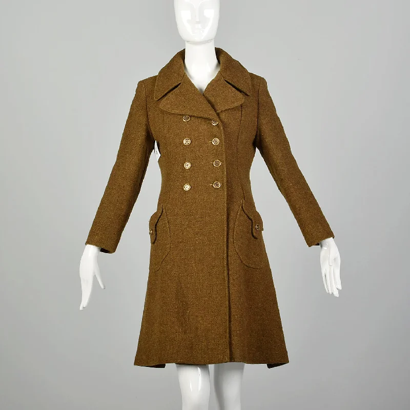 Small 1970s Brown Wool Coat Green Tweed Mod Military Inspired