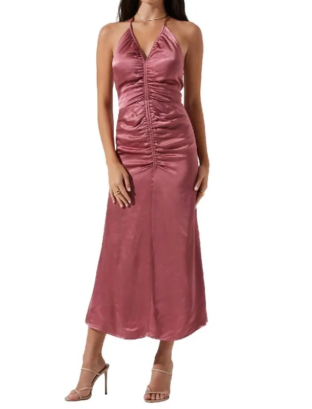 Act Fast Toledo Ruched Midi Dress In Mauve