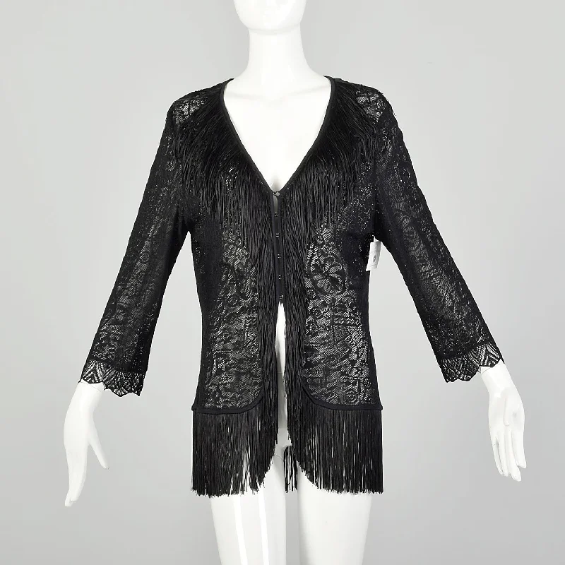 Large 1990s Escada Black Fringe Jacket Goth Sheer Lace Cardigan