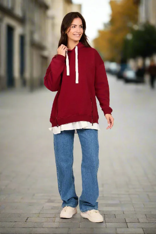 Short Loose Fit Burgundy Sweat Shirt With Side Neck Zipper