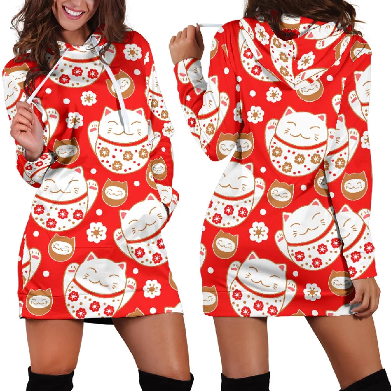 Cute Maneki Neko Lucky Cat Red Background Women'S Hoodie Dress